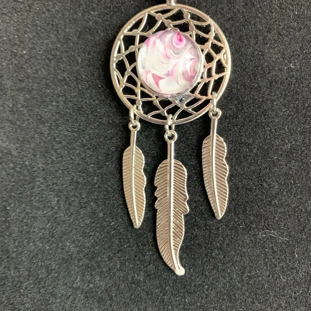 HAND PAINTED GLASS CABOCHON DREAMCATCHER CORDED NECKLACE‎